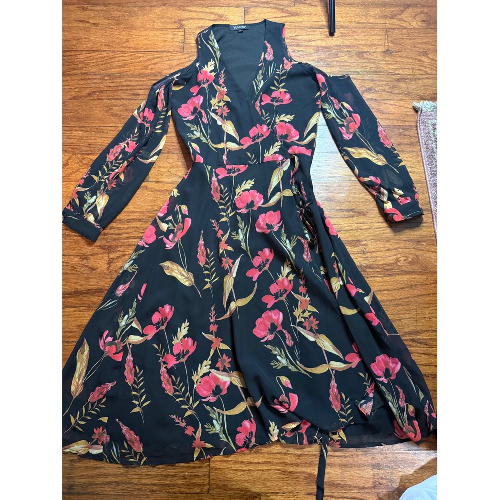 Yumi Kim Black Floral Cold Shoulder Wrap Midi Dress Pink Poppy Print XS